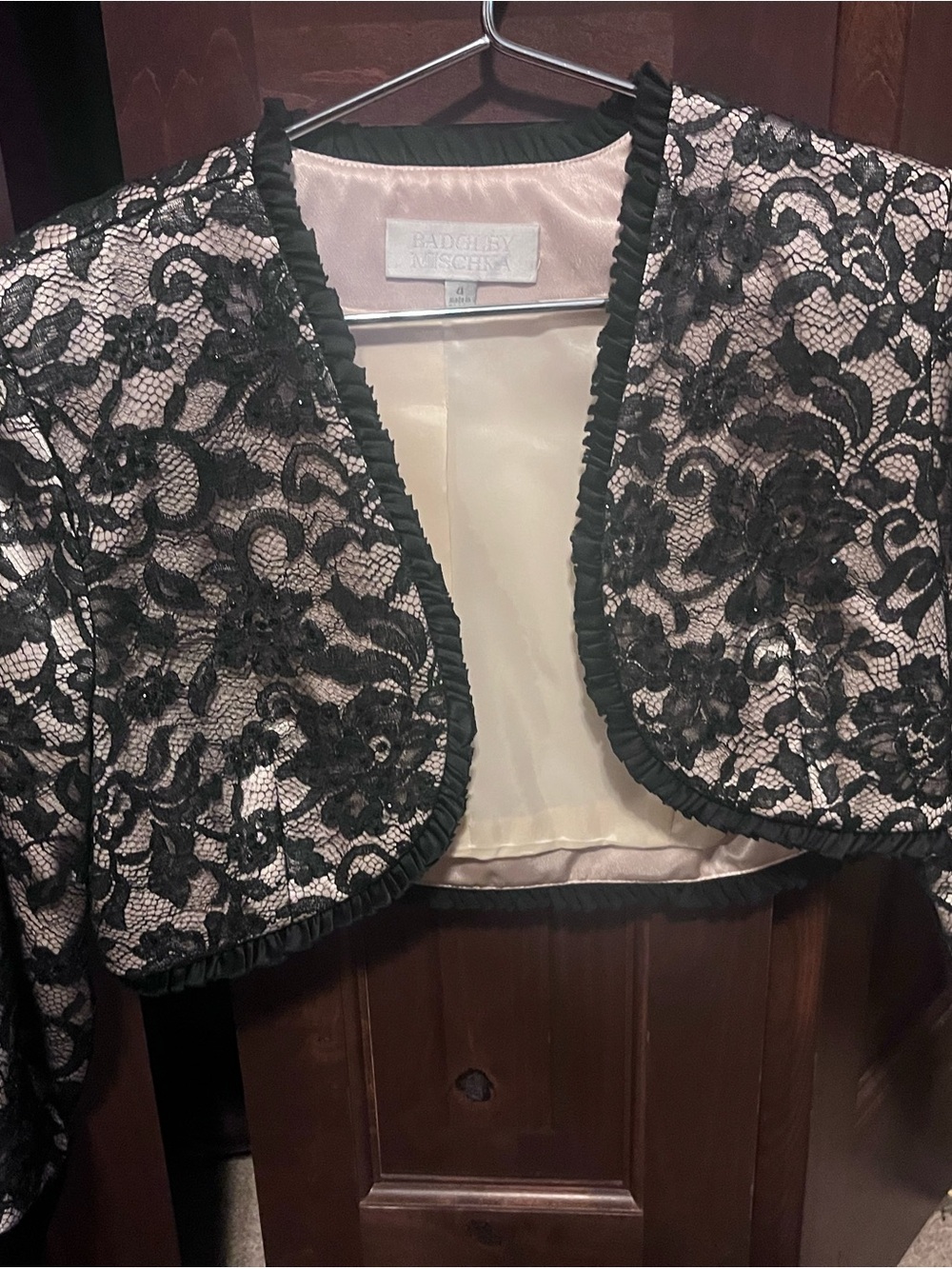 Badgley Mischka Black Lace Bolero with Blush Lining